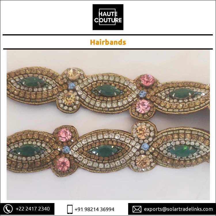 2024 Top Most Selling Hand Embroidered Hairband Beads Made Emerald Marquis Eye Fashion Hairbands for Girls