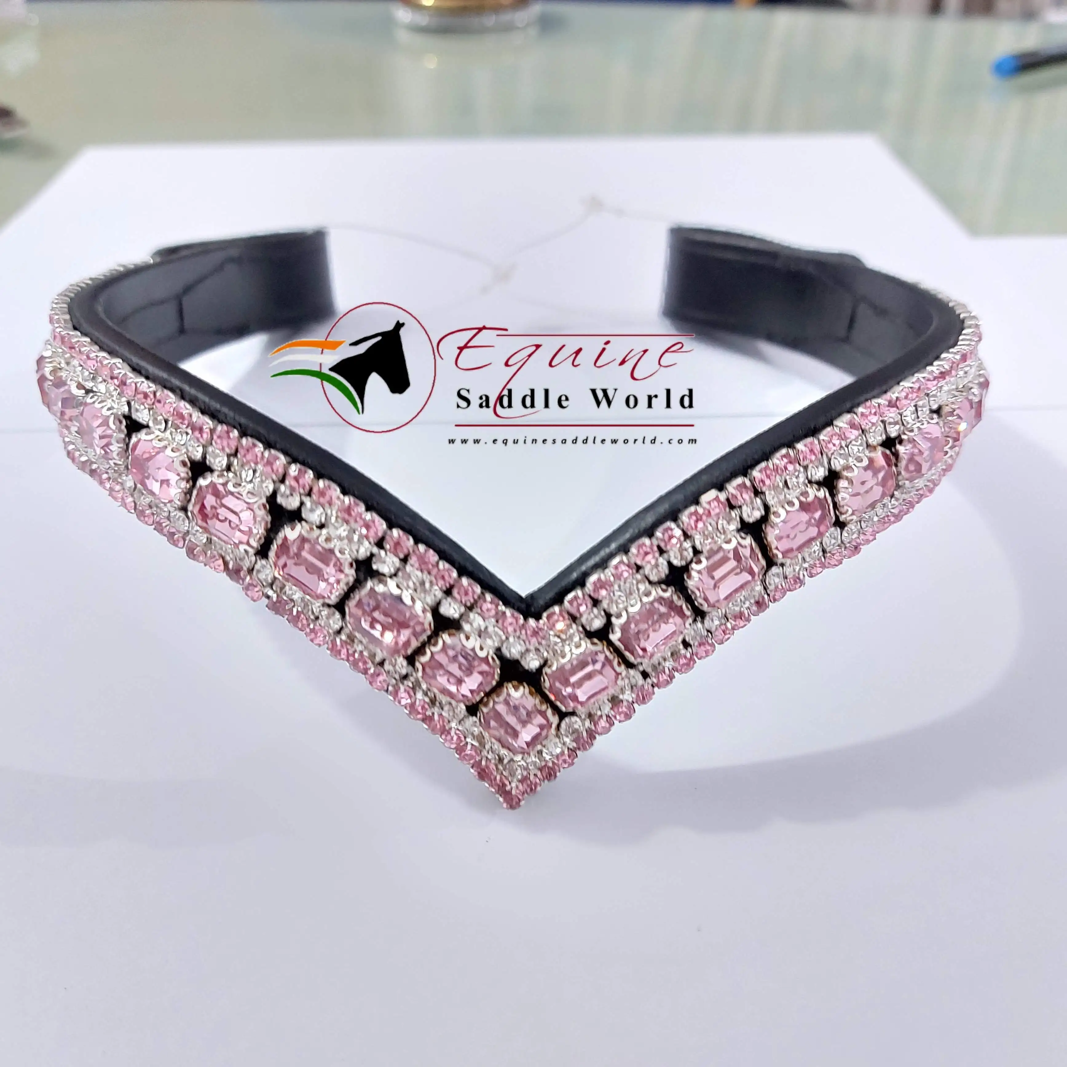 TRENDY HORSE V SHAPE BROW BAND PINK CRYSTALS AFFORDABLE LUXURY EQUESTRIAN PRODUCT WITH SNAP BUTTON LOOP.