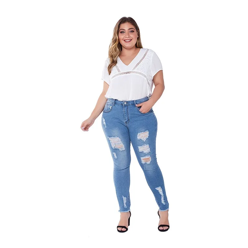 Womens Oversized Fashion High Stretch Holes Jeans Skinny Denim Trousers