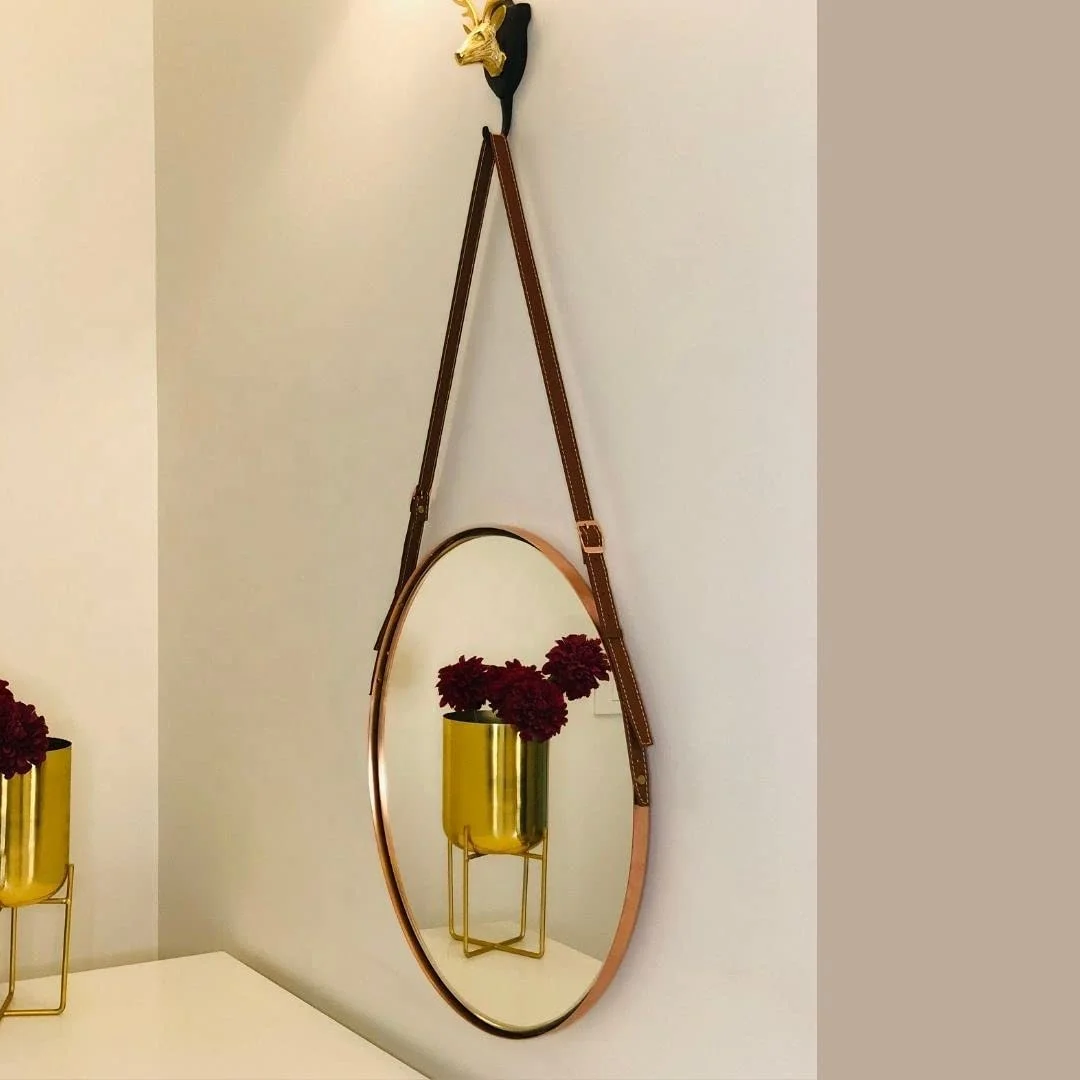 Pleasant Wall Hanging Mirror With Adjustable Strap Premium Pure Metal Round Mirror For Your Bedroom 51*51 CM