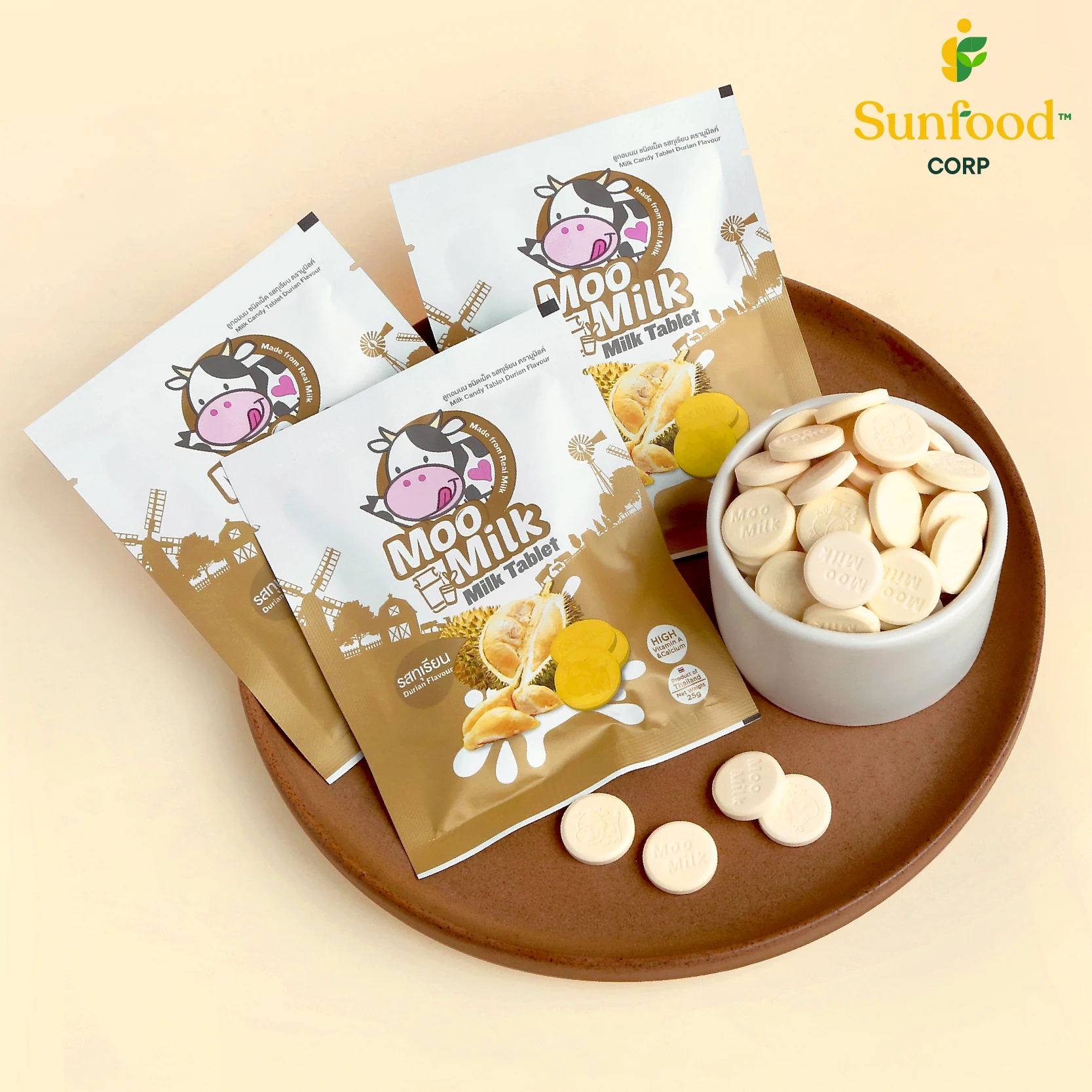 Тайский сладкий молочный конфет таблетки (дуриан вкус) 25 г с сертификацией GMP и Халяль