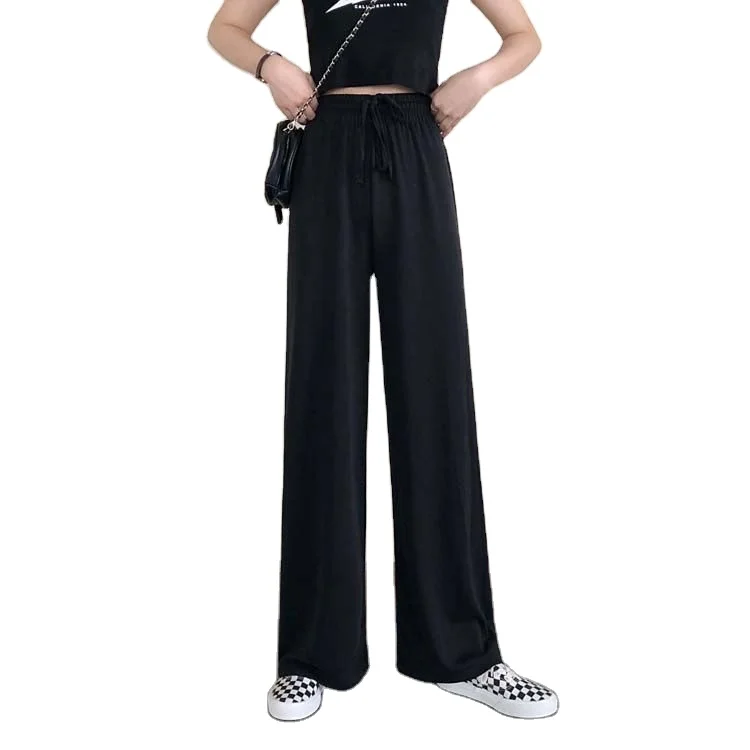 Wide Leg Pants Women Pure Black Lace-up Korean Style Loose Leisure High Waists Female Spring Long Daily Trousers Streetwear Fall