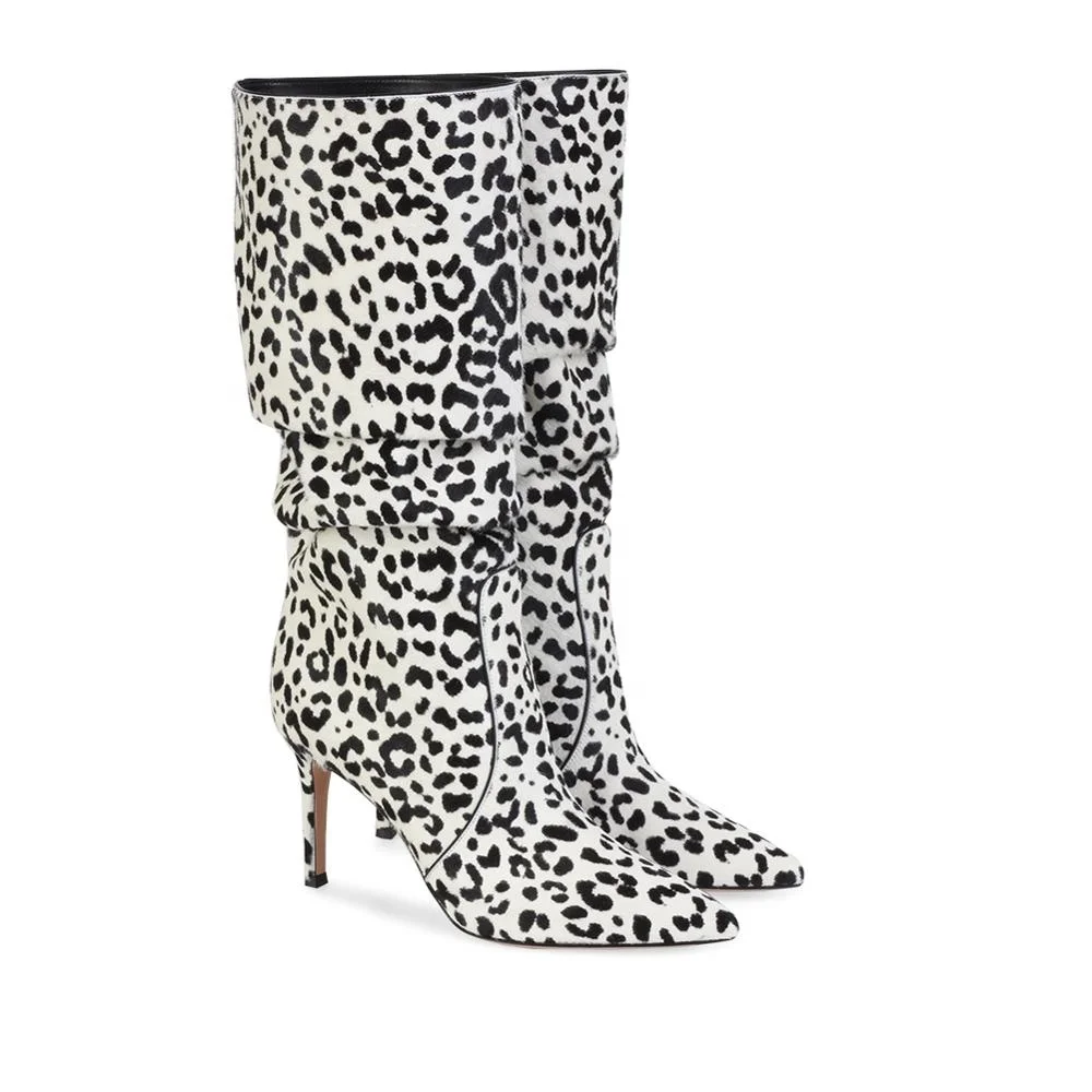 Sexy Womens High Heel Pointed toe Leopard Pony Hair Slouch Knee High Boots