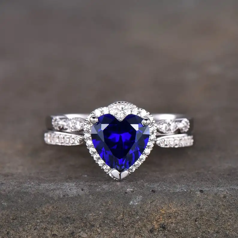 Blue Sapphire Heart Shaped Engagement Ring Blue Gemstone Bridal Set 925 Sterling Silver September Birthstone Wedding Band