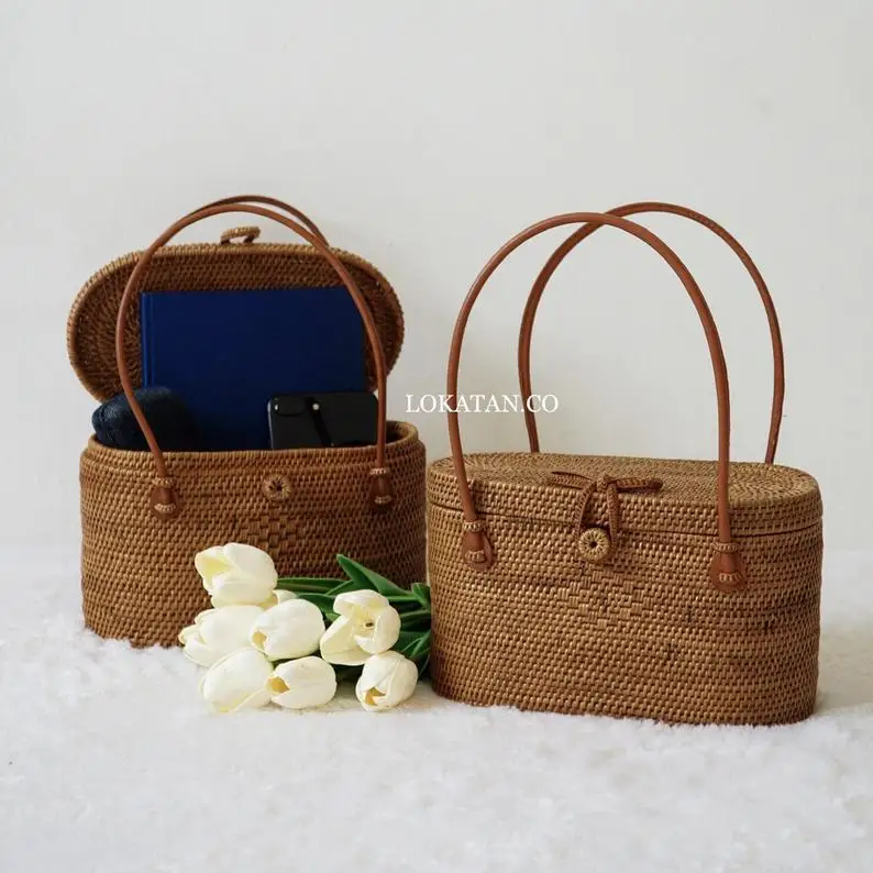 Unique rectangle hot sale rattan bag indonesia sustainable rattan woven box handbags with handle