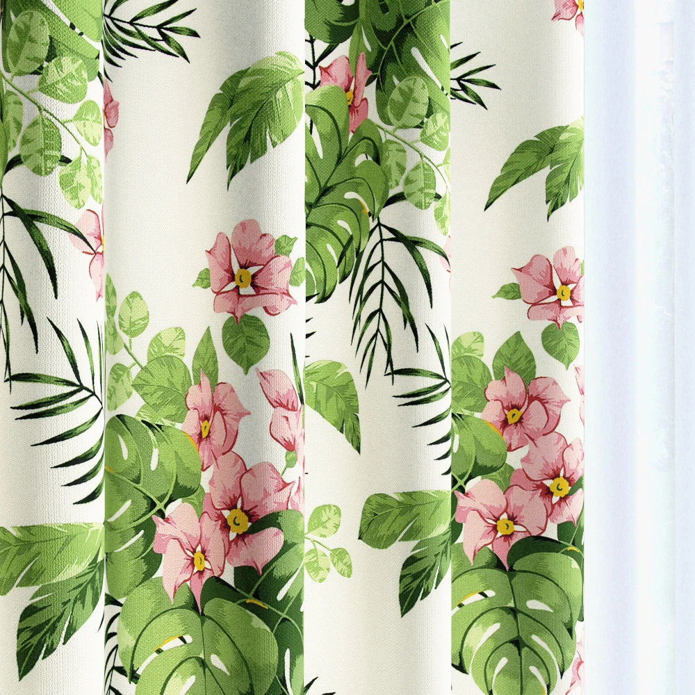 A tropical resort-style curtain fabric made in Japan with a tropical botanical design.