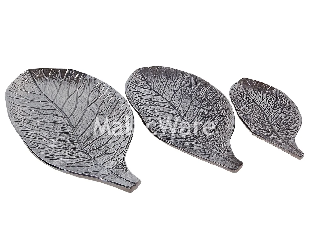 Leaf Shape  High Quality  Aluminum  Metal black plated Silver metal  leaf design hotel wedding usable decorative 3 platter set