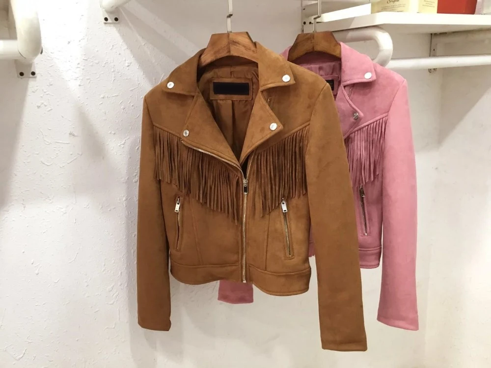 
Women New Long Sleeve Back Tassels Long Leather Tassels Jacket The Misfit Fringe Color Brown Slim Boyfriend Style PU Jacket Coat 