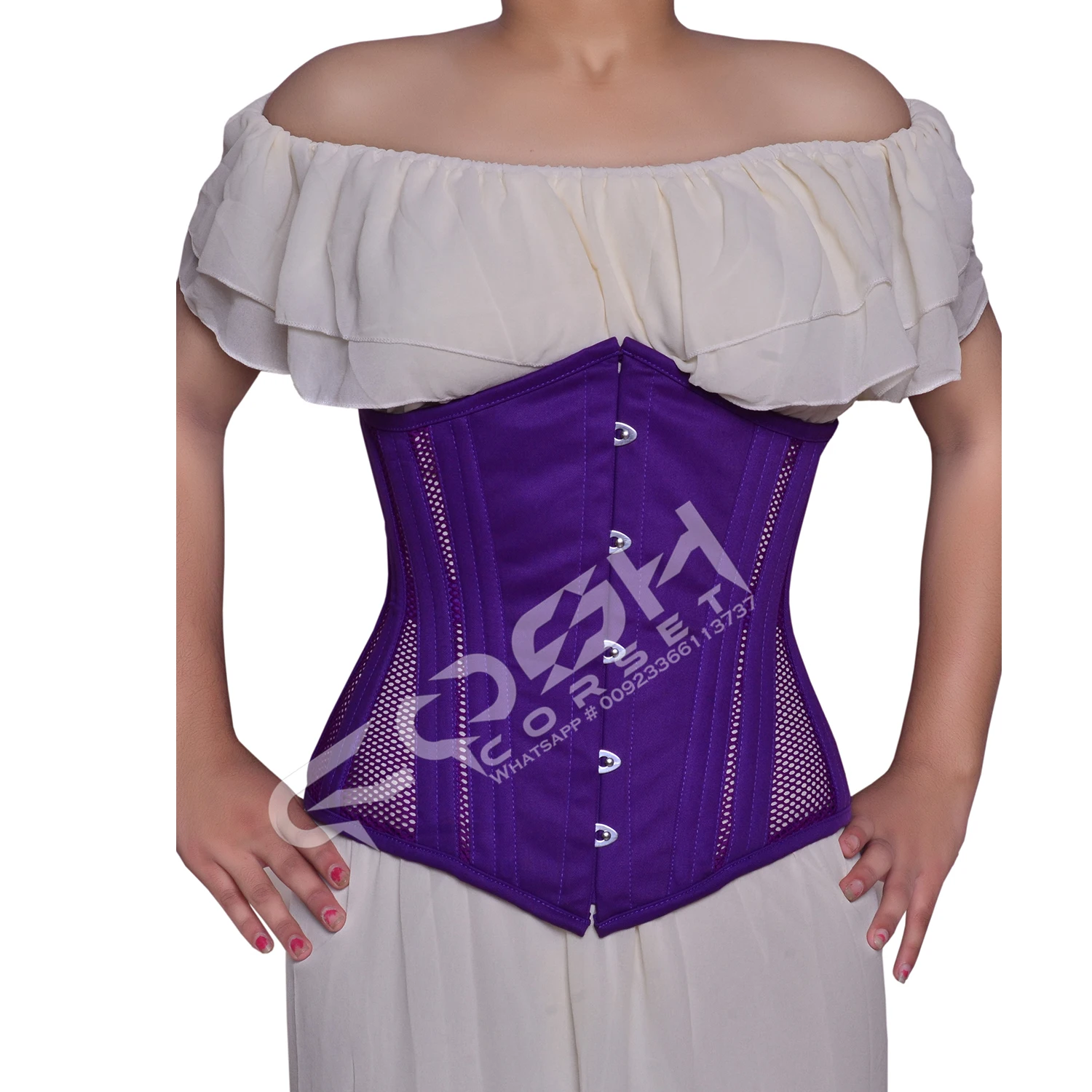 Party Wear Steel Boned Plain Purple Mesh And Cotton Under Bust With Extreme Curvy Shape, Waist Slimming Casual Wear Hourglass