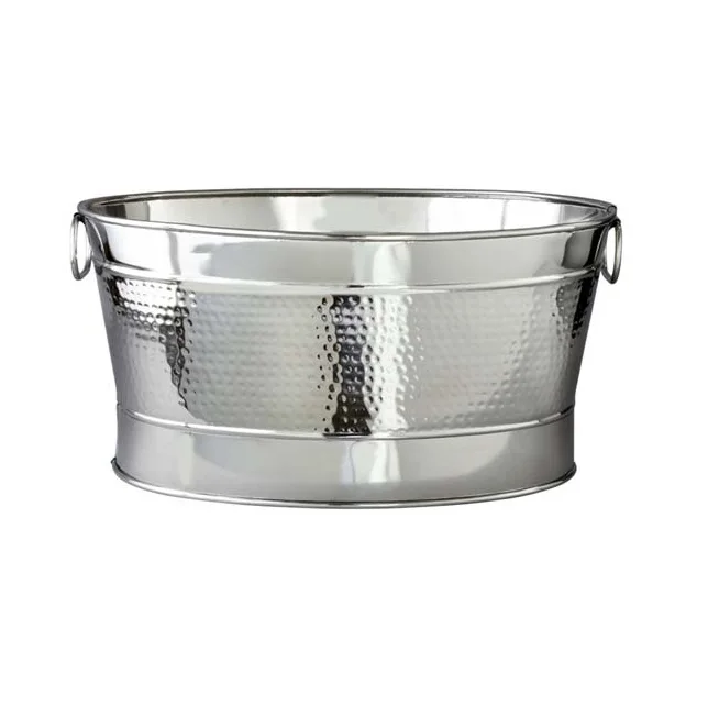 Stainless Steel Hammered Beverage Tub With Leather Handle Double-Walled Insulated Silver Ice Bucket Champagne Bucket