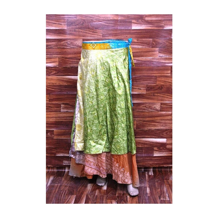 Blue Color Indian Skirt Hippy Long Beach Maxi Wrap Around Silk Sari Skirt Patterned with Elastic Waist for Girls and Women
