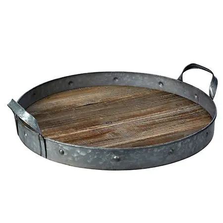 Home Decorative Crafted Rustic Metal Galvanized Round Coffee Table Tray with Handles high quality