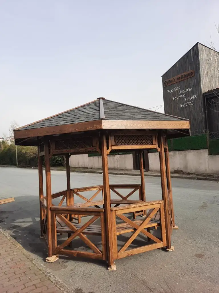 High quality octagon outdoor gazebos from pine  or beech tree with roof having long life made in Turkiye eco friendly install