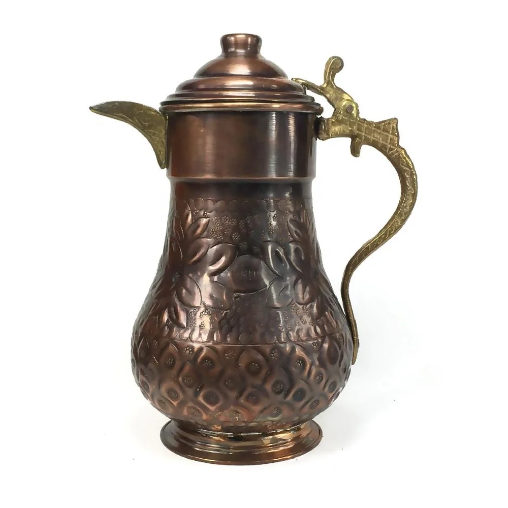 Ottoman Style Maras Turkey Copper Carafe Handmade Jug Penguin For Beverage Service, Surahi With Lid OXIDE Color