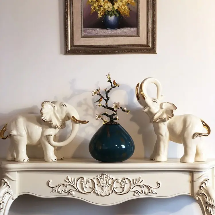 Elegant White Elephant Living Room Lucky Decoration 2Pcs Ceramica Elefante Set European Style Ceramic Elephant Figurine