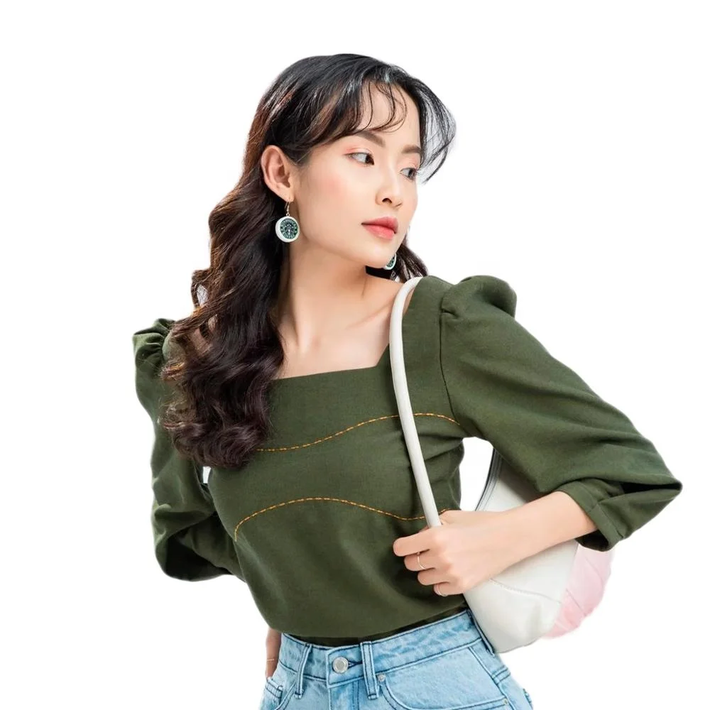 Green Square Neckline Empire Puff Sleeve Fashion Vintage Crop Top Blouses Woman 2020