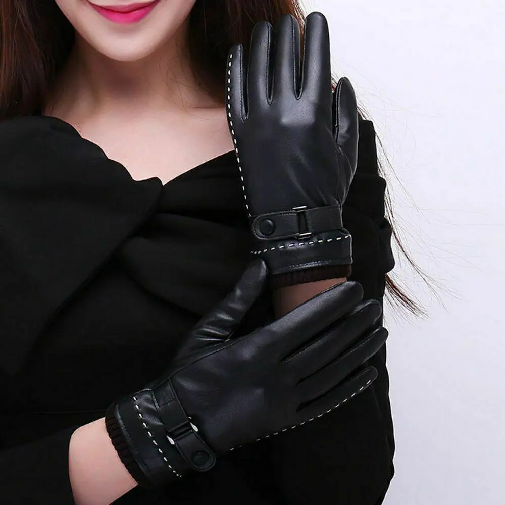 Women Winter Gloves Warm Leather Solid Thermal Black Buckles Smart Touch Fashion Leather Gloves