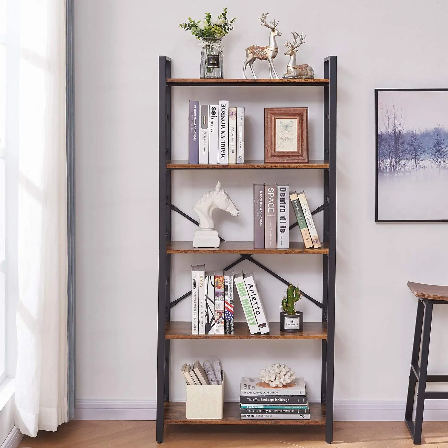Tier Vintage Bookcase and Bookshelves Rustic Wood and Metal Shelving Unit