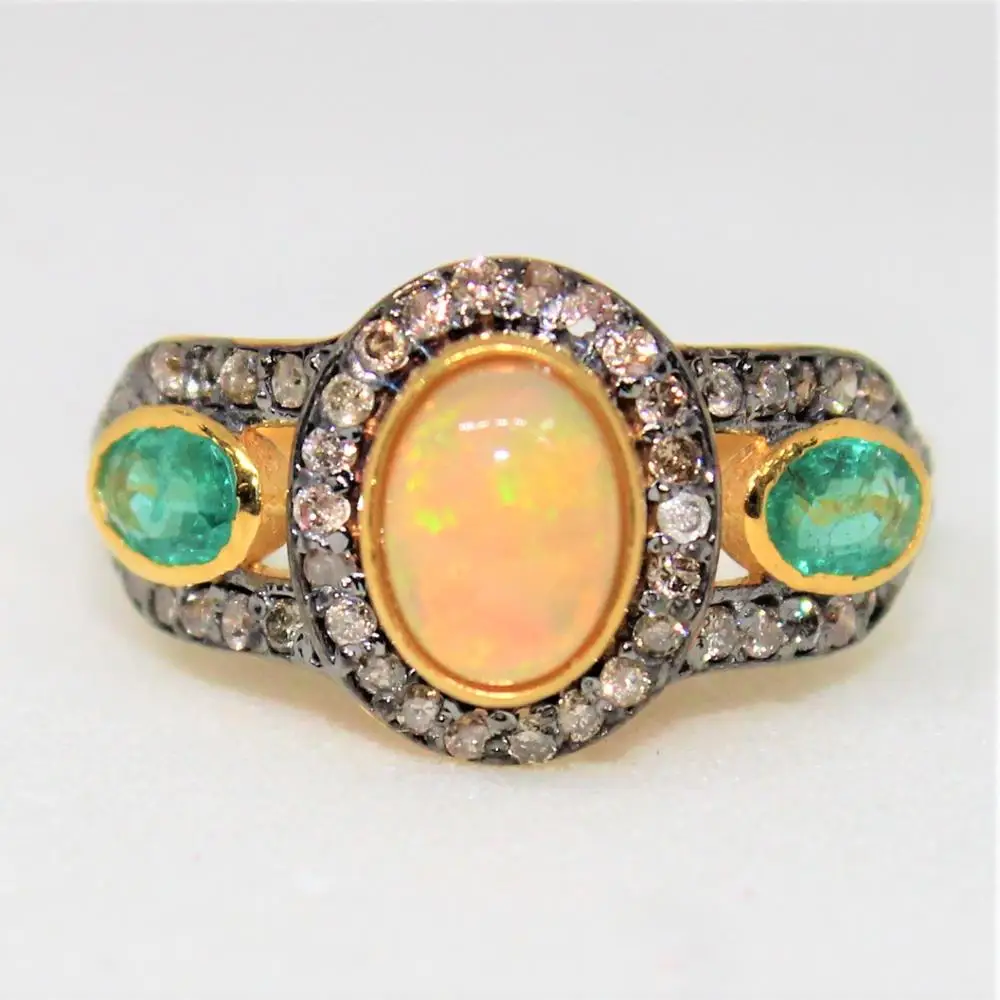 New Latest Designer Full Cut Diamond and Gemstone Jewelry Ethiopian Opal and Emerald Wedding Ring