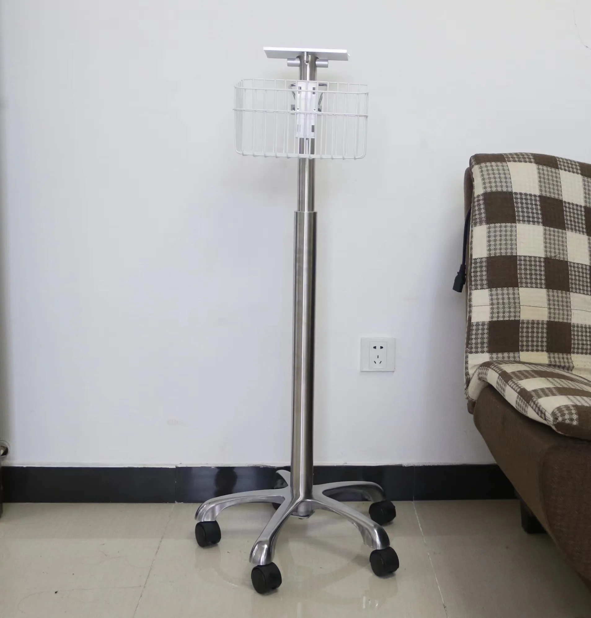 Hospital use medical monitor height adjustable portable mobile stand trolley/ cart with basket