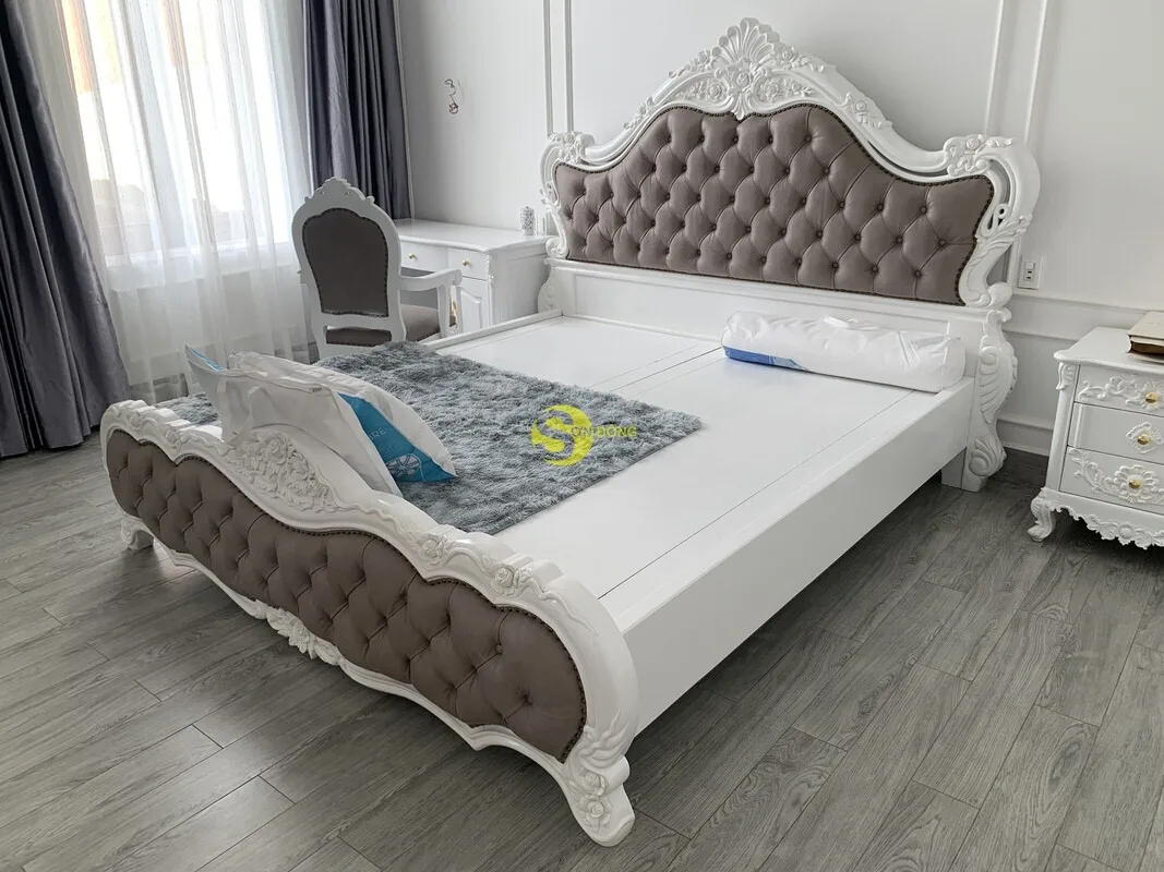 Classic red oak bed and upholstered in genuine leather