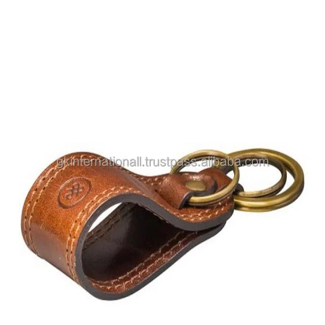 Full Double Stitched Tan leather key chain for cars almirah bikes with one main and two small metal rings at wholesale price