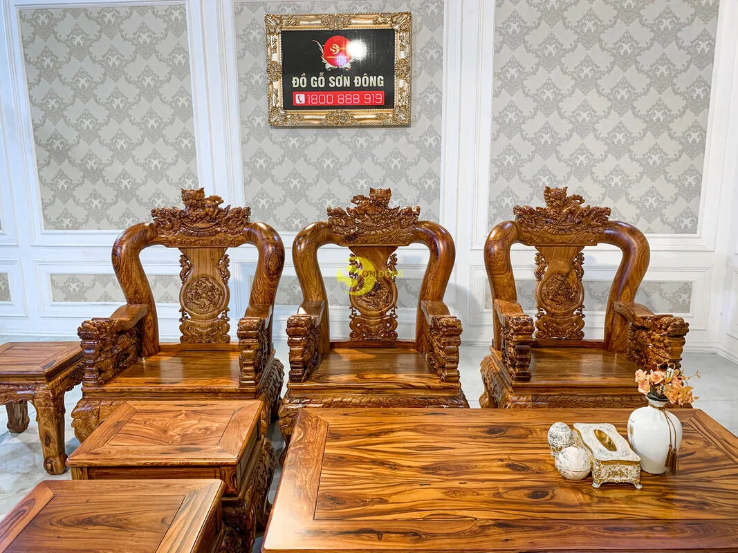 
Rosewood living room furniture set with carved dragons and unicorns 