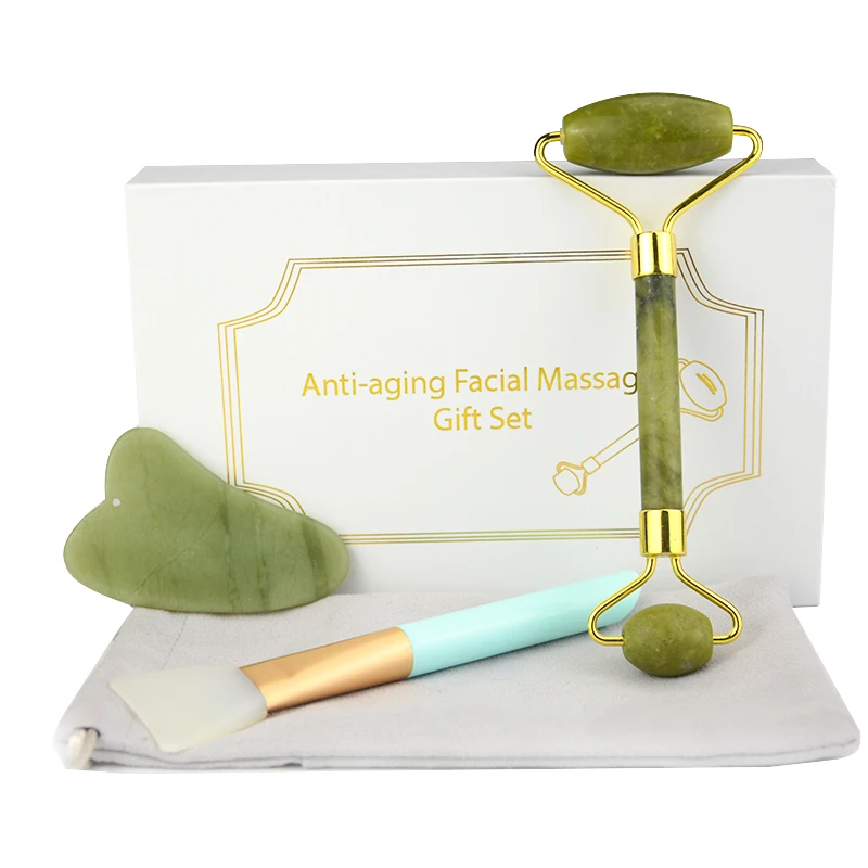 Chinese Skincare Beauty Massage Tools Noise Free Jade Roller and Gausha Set