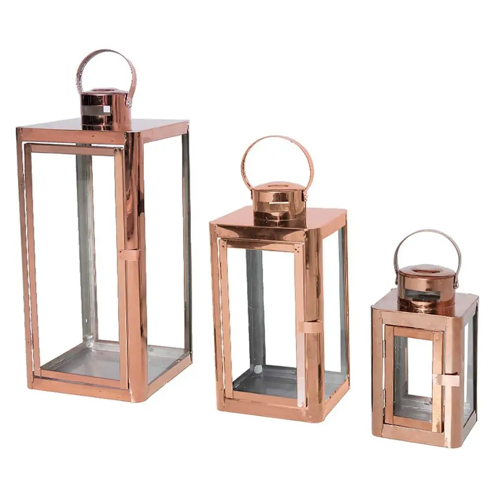 Set of 3 Garden Lanterns Stainless Steel Rose Gold / Copper Colour Lantern Set Height 22/32/46 cm Elegant Design