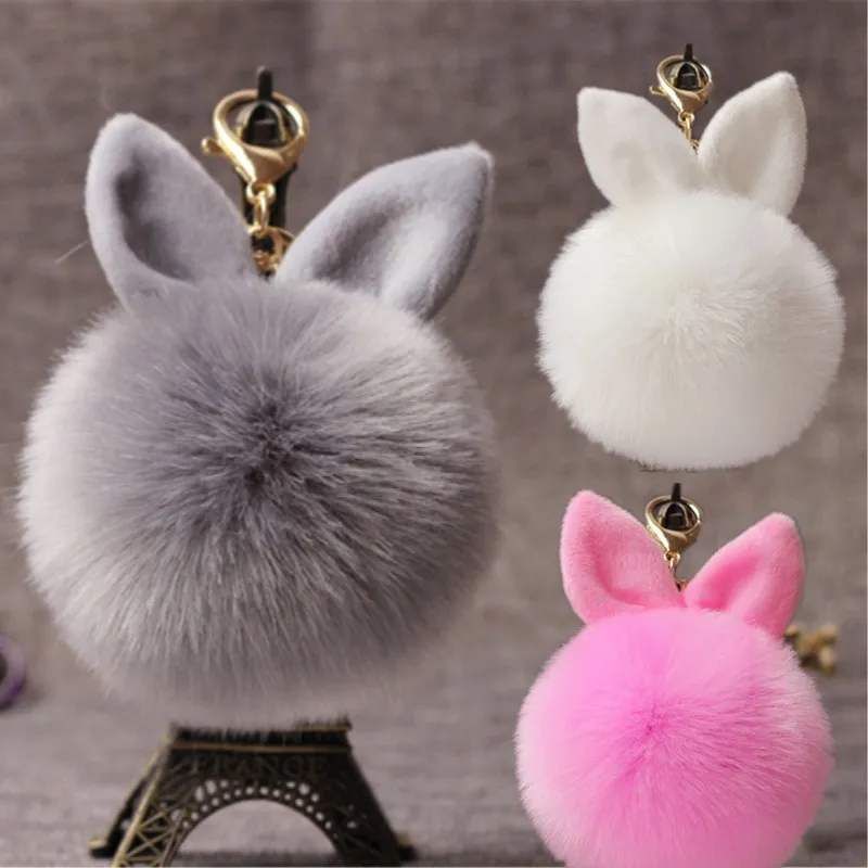 Fashionable Rabbit Furs Ball Key Chain Pompom Fluffy Fur Pom Pom Keychains For Bag Car Charms Bunny Keyring