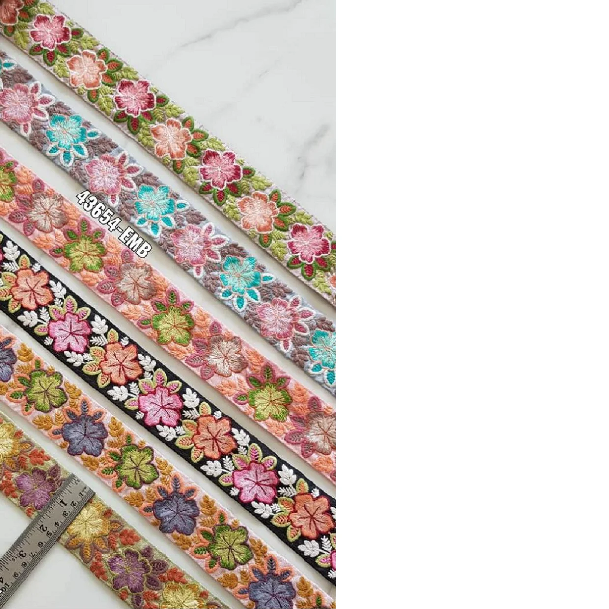 custom made embroidered ribbons made in beautiful pastel and bright colors on silk fabrics suitable for ribbon and trim stores