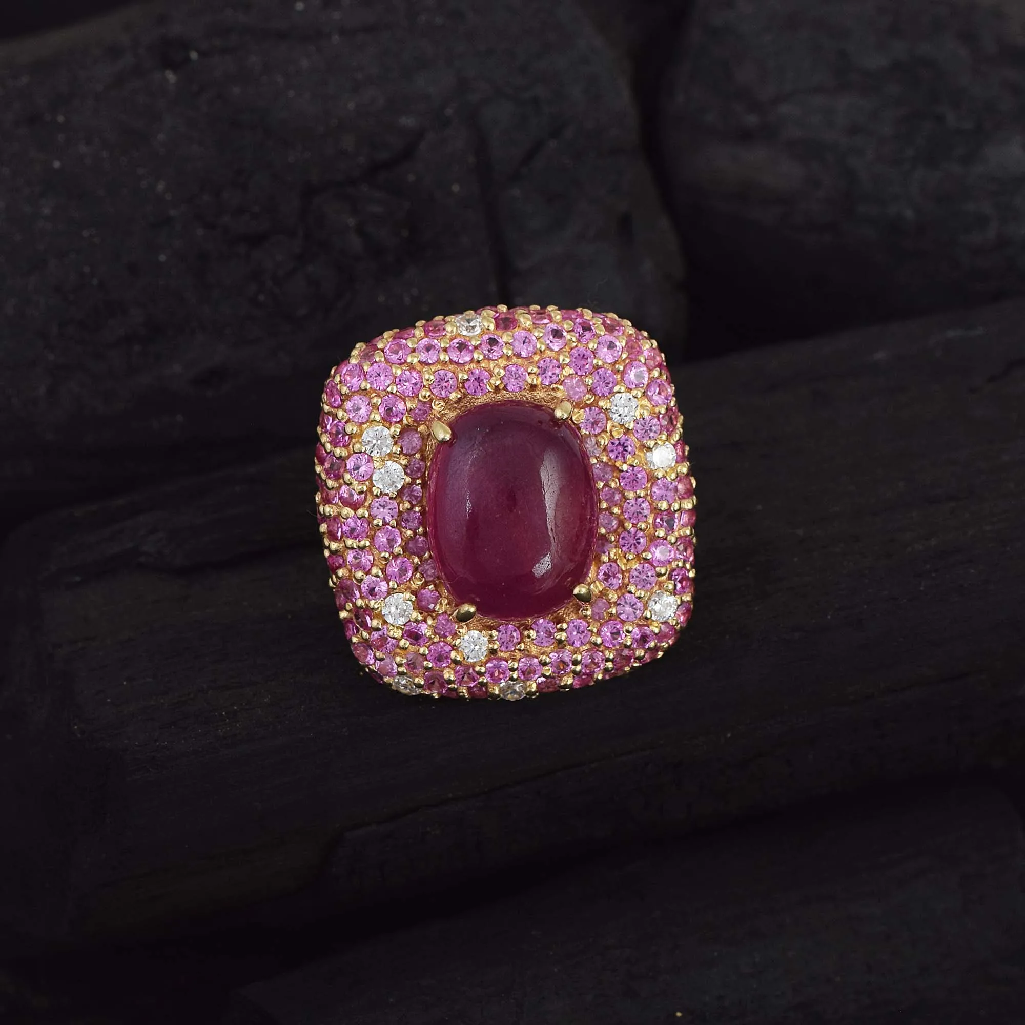 Natural Ruby Pink Sapphire Gemstone Cocktail Band Ring Cubic Zircon 925 Sterling Silver Gold Plated Jewelry for Women