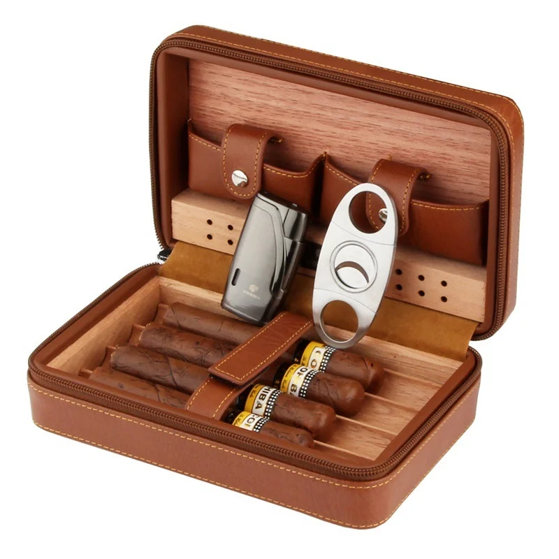 Portable Cedar Wood Cigar Humidor Box Travel Leather Wrap Cigar Case Storage 4 Cigars Box Humidor Humidifier for Sigar