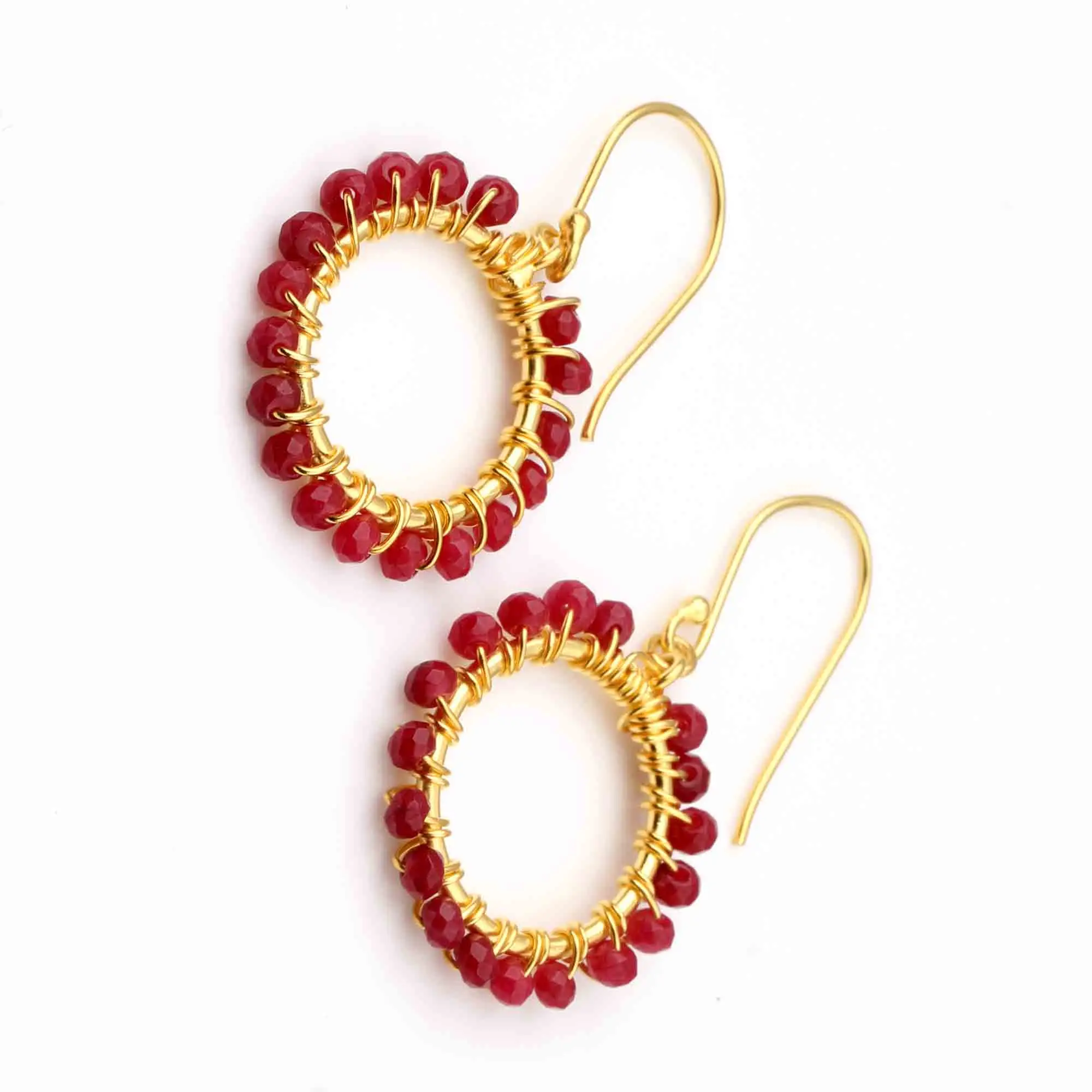 Latest Dyed Ruby Beads Gold Plated Round 2mm Beautiful Designer 925 Fabulous Classy Stylish Sterling Silver Circle Hoop Earring