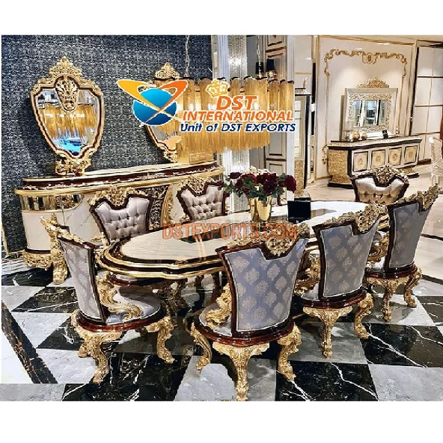 Royal Gold High Gloss Dining Table Set  Italian Classical Style Dining Room Furniture  Luxurious Baroque Style Dining Table Set