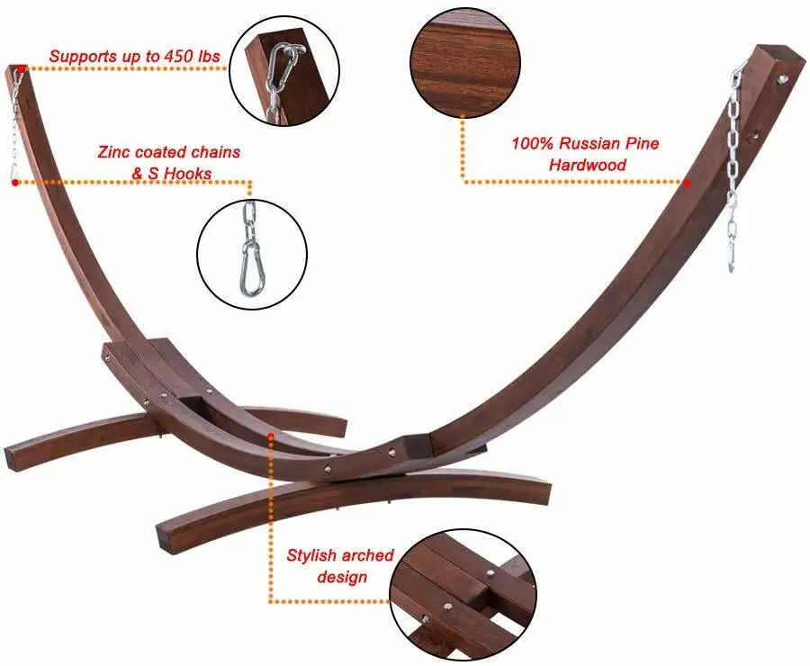 Danlong 14 Foot Durable Wooden Hardwood Arc Frame Hammock Stand with Hooks and Chains