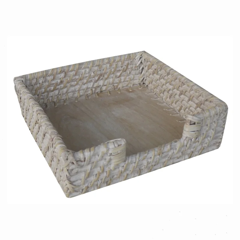 Square rattan napkin holder with wooden bottom Cheap Wholesale Tableware wicker napkin basket wovenmade in Vietnam