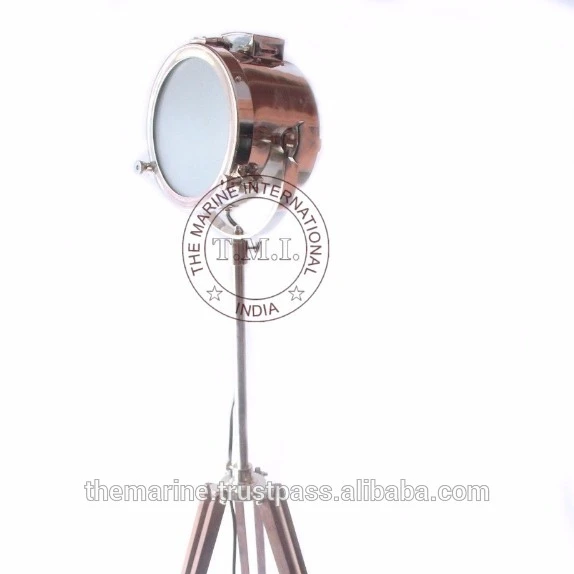 Authentic Look Floor Spotlight with Adjustable Tripod Stand ~ Nautical Chrome Searchlight with Tripod Wooden Stand