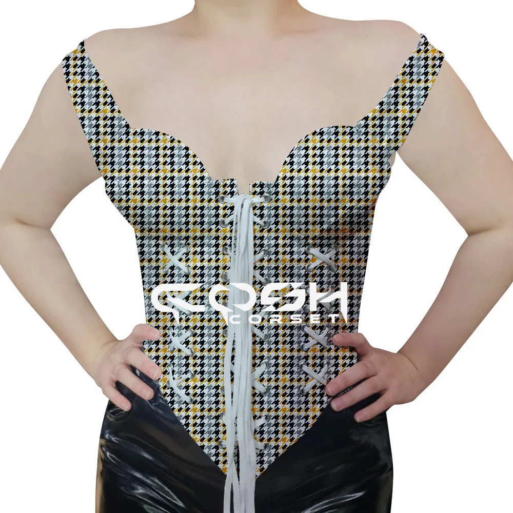 Over Bust Steel Boned Sublimation Printed Corset With Side Zip Up And Shoulder Strap With Front Laces Fashion Outfit Bustier Top