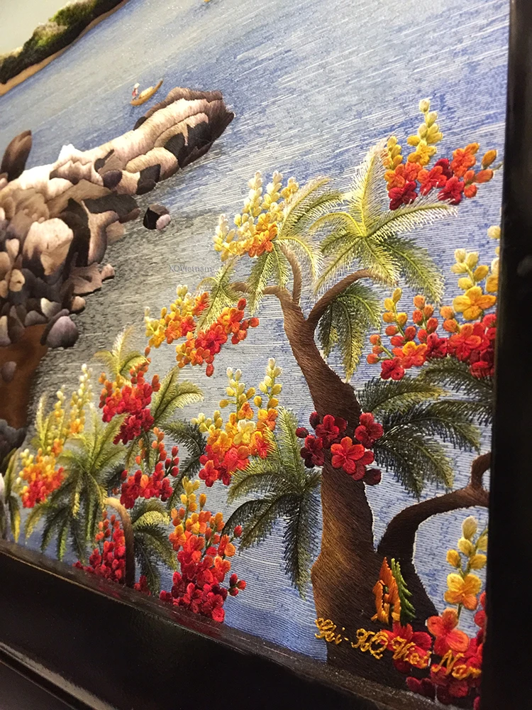 Vietnamese Traditional Embroidery Artworks Sound Of The Ocean Seascape Two Sides Hand Embroidery Paitings