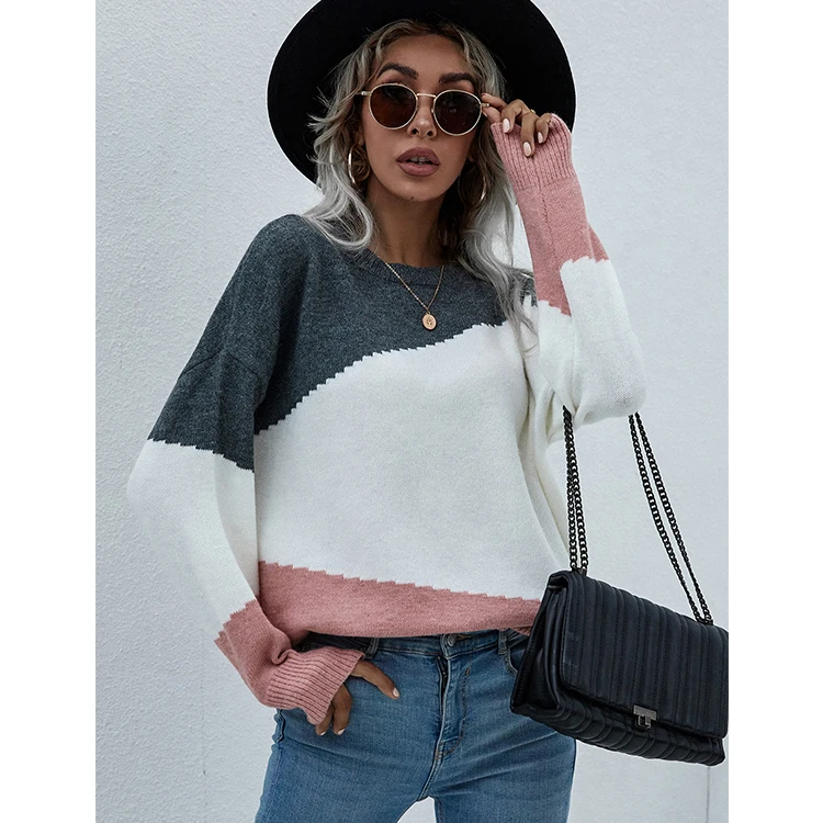 Hot Sale Women Pullover Crew Neck Color Block Long Sleeves Sweater Girls Stylish Knitted Pullover Sweater