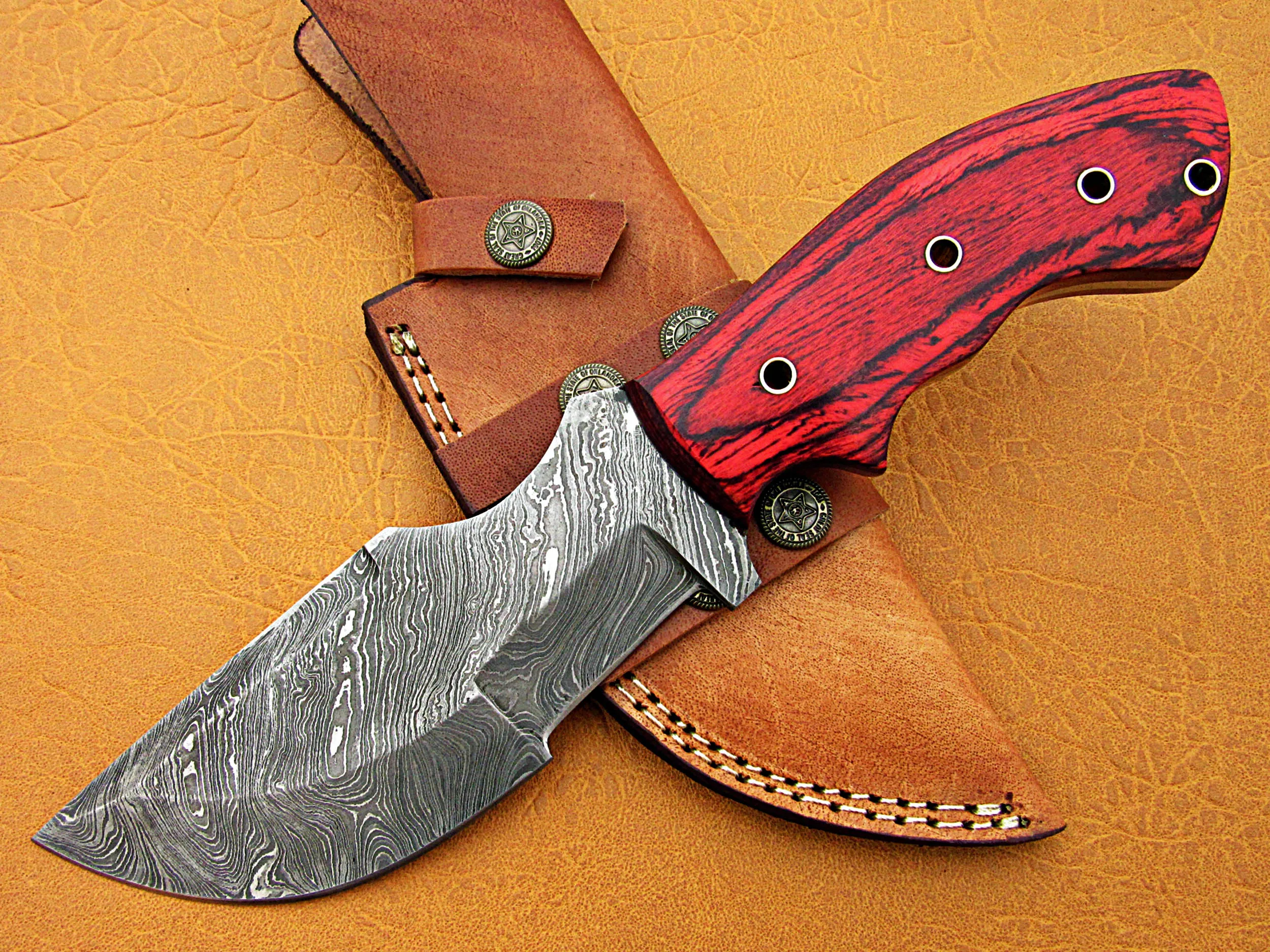 100% Top High Quality Damascus Steel Tracker knife/ Camping survival knife wood handle with pure Leather Sheath  SCW-TK-0017