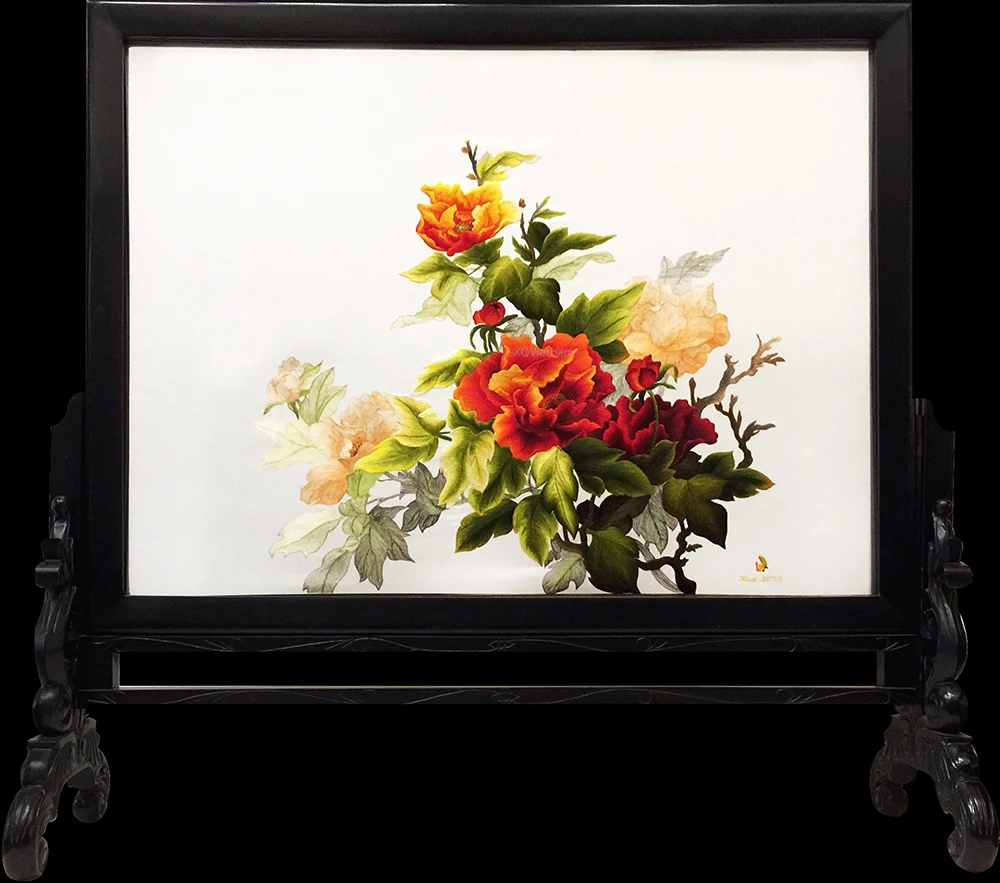 
Wholesale Vietnam Manufactuers The Peony Flower Paintings Two Sides Hand Embroidery Artworks 