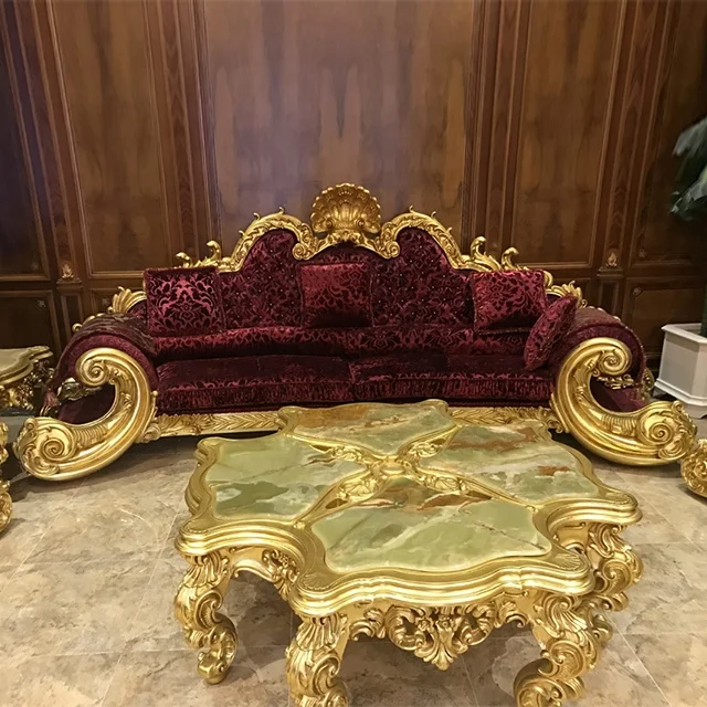 Red Gilded Grand Sofa, Baroque Style Milan Sofa Sets Large Sofa, Velvet Luxurious Royal Gilded Gold Leaf 24K Living Room Sofa