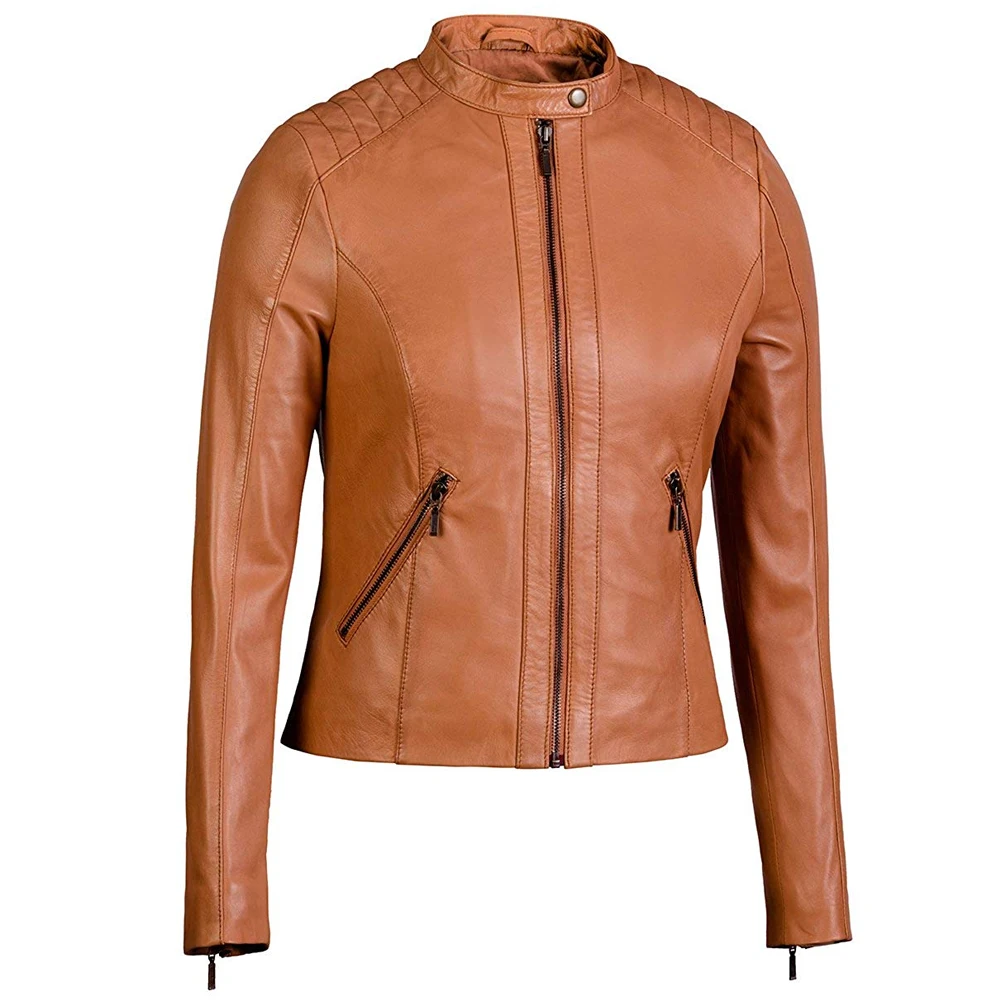 
Fashion Polo Neck Wholesale Pure Leather Women Jacket 