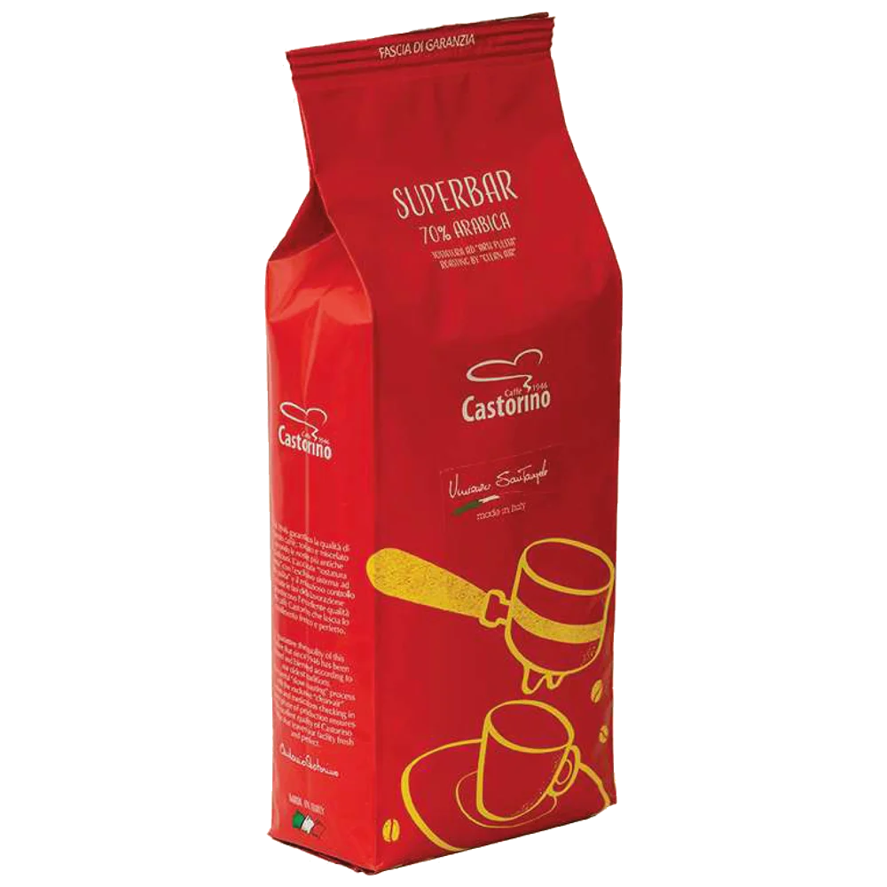 Premium quality Castorino Italian Whole Bean Coffee 1 kg DECAFFEINATED and 1 kg SUPERBAR in Doypack for home / HO.RE.CA.