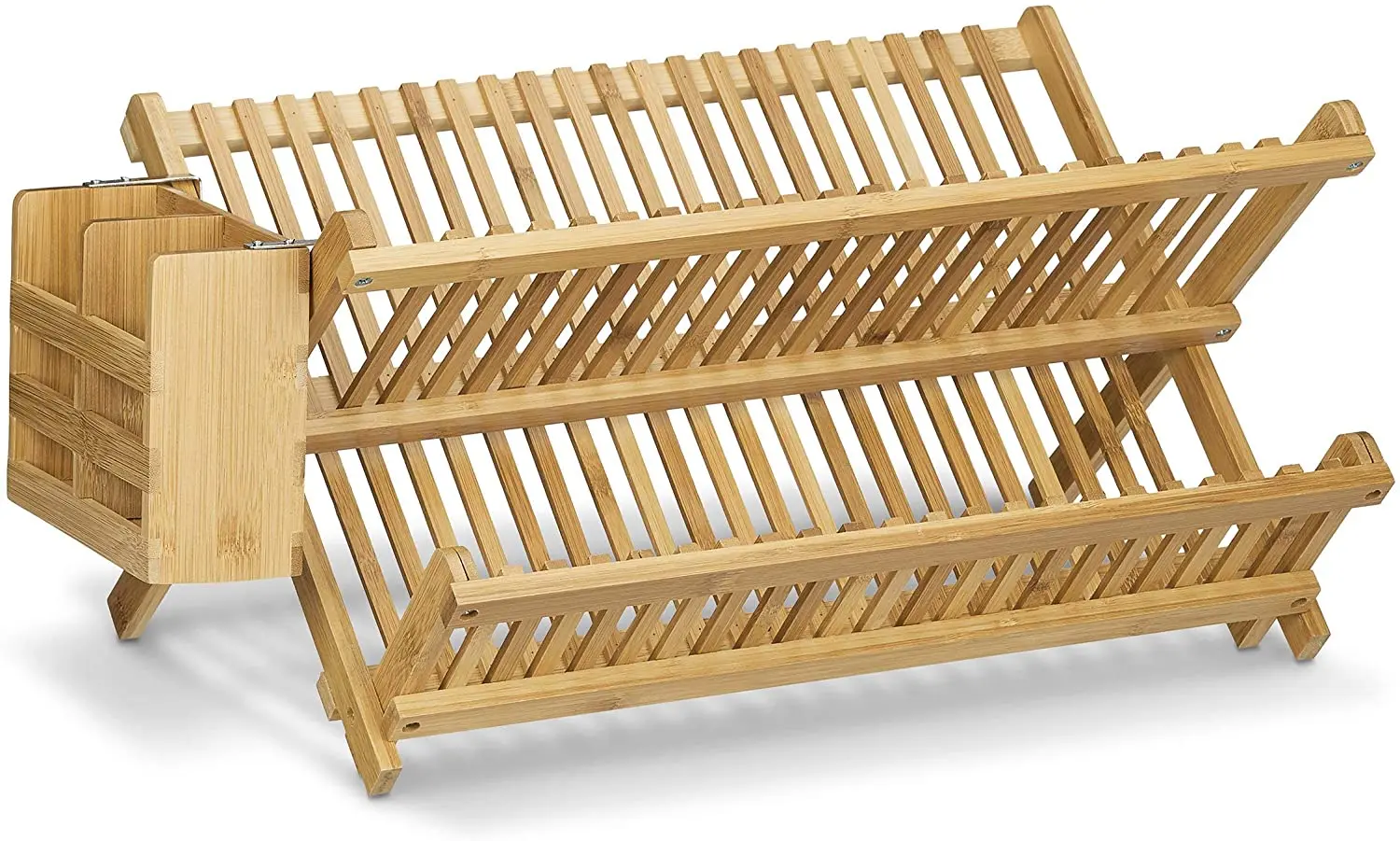 Cross Drainer Foldable Bamboo Dish Rack with Cutlery Basket For Large Plates and Cups