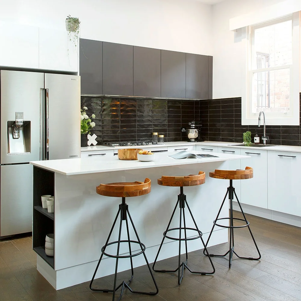 PA wholesale L-shaped storage designs island lacquer kitchen cabinet