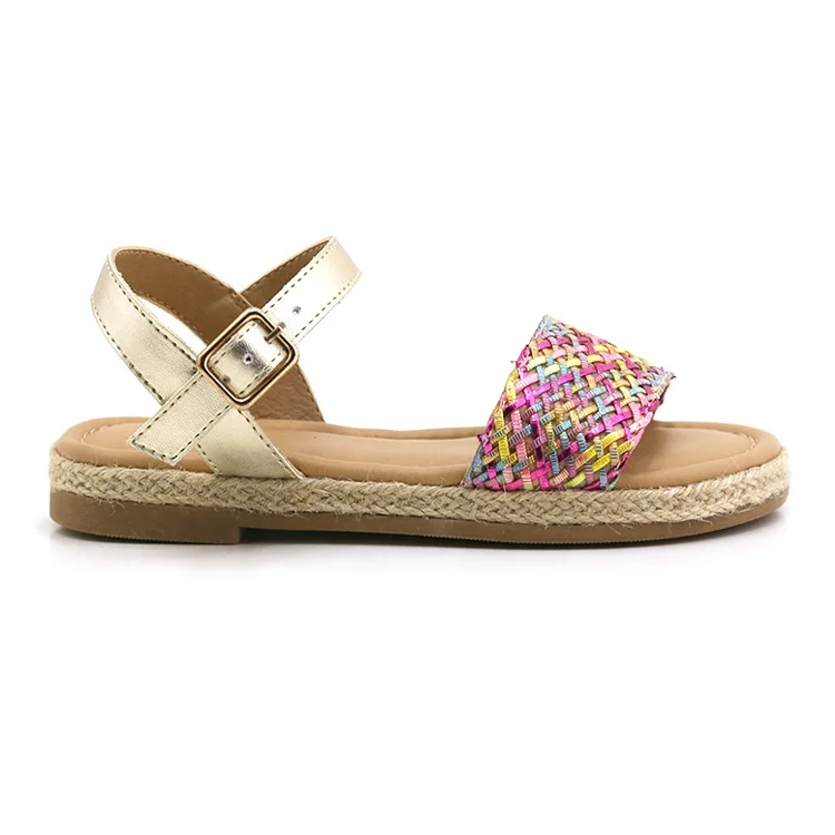 Золотые с красочным плетеным ремешком, Детские дизайнерские новые модные детские сандалии-Эспадрильи на плоской подошве
