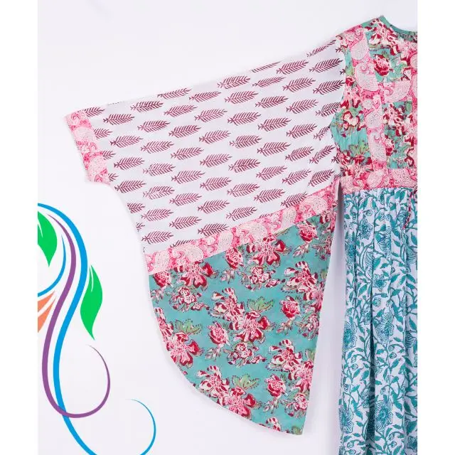 Indian hand block printed quilted long dress multi color patchwork butterfly style evening gown long tunic party wear kurtis